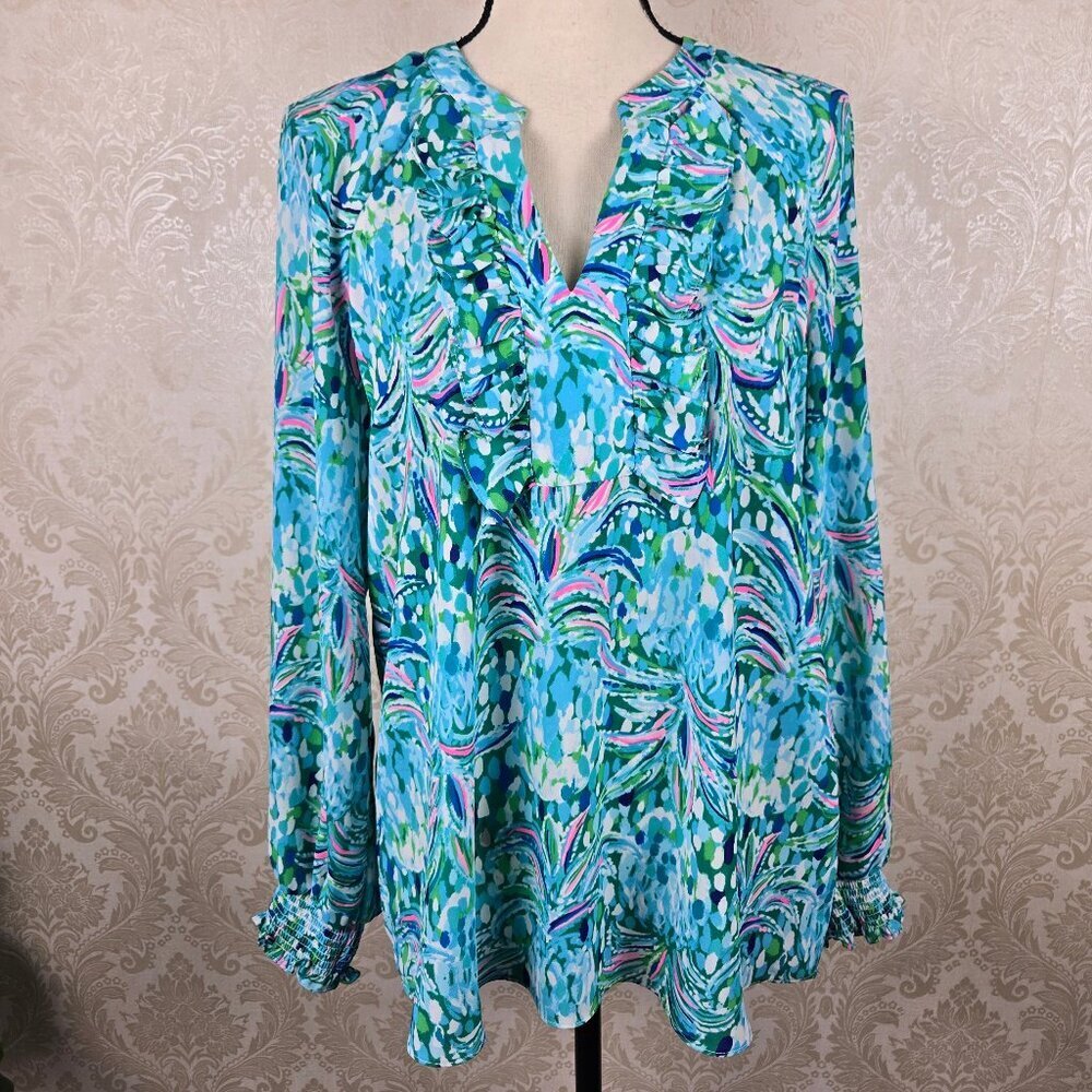 Lilly Pulitzer Sz Medium Angelika Ruffle Top "Pineapple Of My Eye" Print Long Sl